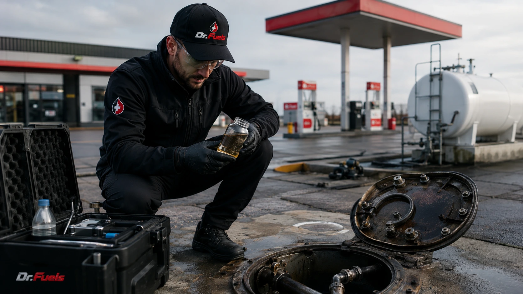Técnico de DrFuels inspeccionando combustible en una estación de servicio